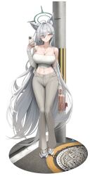 1girl absurdres alternate_costume animal_ear_fluff animal_ears bag bare_shoulders blue_archive blue_eyes blue_nails blush breasts cardigan cellphone cleavage cross_hair_ornament extra_ears eyes_visible_through_hair grey_hair grey_pants hair_behind_ear hair_ornament hair_over_one_eye highres holding holding_bag holding_phone large_breasts long_hair looking_at_viewer momoriko navel off-shoulder_jacket off_shoulder pants parted_lips phone pink_bag shiroko_(blue_archive) shiroko_(swimsuit)_(blue_archive) shoes sidelocks smartphone solo stomach tank_top white_cardigan white_shoes white_tank_top wolf_ears wolf_girl