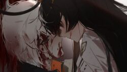 against_wall arknights belt belt_buckle black_eyes black_hair bleeding blood_from_forehead blood blood_from_mouth blood_in_hair blood_on_clothes blood_on_face blood_on_mouth blood_on_wall blood_splatter blue_eyes buckle chinese_commentary close-up closed_mouth commentary_request cousins death empty_eyes evil_smile executor_(arknights) forehead-to-forehead from_side gradient_background grey_background hair_between_eyes heads_together high_collar highres injury jacket leaning_forward leaning_on_person long_hair longinusindream mole mole_under_eye nosebleed portrait profile short_hair smile virtuosa_(arknights) white_belt white_jacket