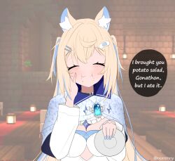 animal_ear_fluff animal_ears cape closed_eyes collar dialogue_box eating enigmatic_recollection fuwawa_abyssgard fuwawa_abyssgard_(1st_costume) hair_ornament hairclip head_tilt hololive hololive_english long_hair nommny plate upper_body