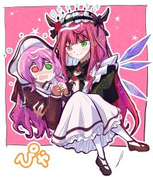 2girls black_shoes blue_eyes blush breasts carrying cleavage halo heterochromia highres hololive hololive_english horns irys_(maid)_(hololive) maid_headdress multiple_girls pink_hair pointy_ears princess_carry shoes skirt sssproject2020 star-shaped_pupils star_(symbol) sweat symbol-shaped_pupils umino_miruku_(irys) wings