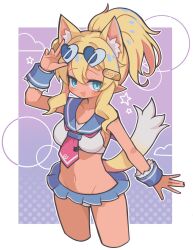 Rule 34 | 1girl, :d, animal ear fluff, animal ears, arm up, bikini, blonde hair, blue eyes, blush, border, breasts, collarbone, commentary, cropped legs, disgaea, dog ears, dog girl, dog tail, eyewear on head, heart, heart-shaped eyewear, highres, long hair, looking at viewer, makai senki disgaea 7, navel, neckerchief, open mouth, outline, outside border, pink neckerchief, pirilika (disgaea), ponytail, purple background, sailor bikini, sailor collar, smile, solo, suaman, sunglasses, swimsuit, tail, white bikini, white border, white outline, wrist cuffs