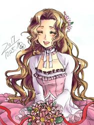 1girl 2017 :d bouquet brown_hair choker closed_eyes code_geass collarbone curly_hair dated facing_viewer flower hair_flower hair_intakes hair_ornament highres holding holding_bouquet long_hair long_skirt long_sleeves neck_ribbon nunnally_vi_britannia open_mouth pink_flower pink_skirt ribbon roman_buriki simple_background sitting sketch skirt smile solo very_long_hair white_background white_ribbon