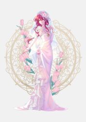 1girl alternate_costume bare_shoulders bracelet breasts bridal_veil collarbone commentary_request dress elbow_gloves fingerless_gloves flower full_body gem gloves hair_between_eyes hair_flower hair_ornament hand_up highres honkai:_star_rail honkai_(series) jewelry kafka_(honkai:_star_rail) long_hair looking_at_viewer medium_breasts parted_lips pink_flower purple_eyes purple_gemstone purple_hair solo standing strapless strapless_dress veil very_long_hair wedding_dress white_background white_dress white_gloves white_veil yuchu_zyj19980429