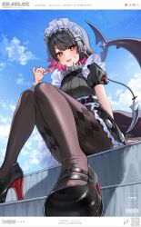 1girl black_hair black_pantyhose blue_sky candy cloud colored_inner_hair commentary_request edajima_denki ellen_joe fins fish_tail food frilled_wristband hairband high_heels highres holding holding_candy holding_food holding_lollipop knees_up lollipop looking_at_viewer maid maid_headdress mary_janes metal_hairband mole mole_under_eye multicolored_hair orange_eyes pantyhose pink_hair puffy_short_sleeves puffy_sleeves red_nails shark_girl shark_tail sharp_teeth shoes short_hair short_sleeves sitting sitting_on_stairs sky solo stairs sweatdrop tail teeth zenless_zone_zero