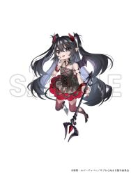 Rule 34 | 1girl, almic, bare shoulders, black eyes, black hair, demon horns, demon tail, demon wings, dress, full body, goth fashion, gothic lolita, hair between eyes, hand on own face, high heels, highres, holding, holding polearm, holding weapon, horns, lolita fashion, long hair, looking at viewer, luceria, mob kara hajimaru tansaku eiyuutan, open mouth, pointy ears, polearm, sample watermark, solo, tail, transparent background, twintails, very long hair, watermark, weapon, white background, wings