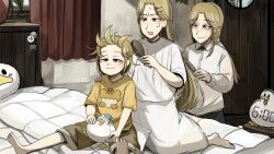 4girls barefoot bed bird blonde_hair blue_eyes brown_hair brown_shorts brushing_another&#039;s_hair brushing_hair chicken clumsy_nun_(diva) commentary diva_(hyxpk) duck english_commentary froggy_nun_(diva) half-closed_eyes highres little_nuns_(diva) long_hair messy_hair mole mole_on_cheek mother_and_daughter multiple_girls nightgown on_bed shirt short_hair shorts strict_nun&#039;s_mother_(diva) strict_nun_(diva) white_shirt yellow_shirt