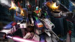 absurdres aeug contrail copyright_logo energy_sword firing glowing glowing_eyes green_eyes gundam gundam_battle_operation_2 gundam_msv highres machinery mecha mecha_focus missile missile_pod mobile_suit no_humans painting_(medium) reactive_armor realistic robot scan science_fiction sunrise_(company) sword tenjin_hidetaka thrusters traditional_media v-fin weapon zeta_gundam zeta_gundam_(mobile_suit) zeta_gundam_define