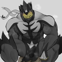 2boys bara bulge closed_mouth commentary_request erection erection_under_clothes fang furry furry_male gen_8_pokemon ketu_ru1 legendary_pokemon looking_at_another looking_down male_focus multiple_boys muscular muscular_male nintendo pokemon pokemon_(creature) sitting sitting_on_face sitting_on_person skin_fang sweatdrop urshifu yaoi
