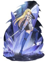 1girl aiz_wallenstein alpha_transparency armor backless_outfit black_gloves black_skirt blonde_hair blue_boots boots breastplate commentary counter:side crystal dungeon_ni_deai_wo_motomeru_no_wa_machigatteiru_darou_ka english_commentary faulds floating_hair full_body gloves hand_in_own_hair headpiece high_heel_boots high_heels holding holding_sword holding_weapon knee_pads light_smile long_hair looking_at_viewer looking_back official_art shoulder_plates skirt smile solo standing sword thigh_boots thighhighs vambraces weapon yellow_eyes zettai_ryouiki