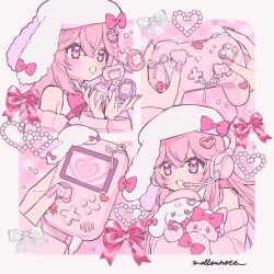 1girl artist_name bow bowtie collared_shirt controller crossed_bangs eyelashes fingernails game_controller gem-studded_nails hair_between_eyes hat headphones highres holding holding_controller holding_game_controller indie_virtual_youtuber lips long_hair long_sleeves looking_afar makeup mellownote multiple_views nail_polish open_mouth pink_bow pink_bowtie pink_hair pink_lips pink_nails pink_theme rouge_(makeup) shirt square stuffed_animal stuffed_toy virtual_youtuber white_bow white_hat white_shirt