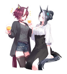 2girls animal_ears belt black_hair black_shirt black_skirt black_thighhighs breasts choker cleavage closed_mouth cropped_legs cup cutoffs denim denim_shorts drinking_glass eyepatch garter_straps hair_bun hand_up high-waist_skirt holding holding_cup horse_ears horse_girl horse_tail invisible_chair jacket jewelry long_skirt long_sleeves looking_at_another medium_breasts mejiro_ramonu_(umamusume) multicolored_hair multiple_girls necklace notice_lines open_clothes open_jacket open_mouth romi_(346_ura) shirt short_hair shorts side_slit sitting skirt small_breasts smile standing streaked_hair tail tanino_gimlet_(umamusume) thighhighs umamusume v-neck white_background wine_glass wristband yellow_eyes