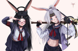 Rule 34 | 2girls, :p, animal ears, armband, artist logo, azur lane, black hair, blue eyes, chain, collar, collarbone, delinquent, fang, glasses, gloves, headband, highres, hiryuu (after school bullies) (azur lane), hiryuu (azur lane), logo, matsuro a, multiple girls, navel, official alternate costume, one eye closed, partially fingerless gloves, rabbit ears, school uniform, serafuku, shirt, skirt, souryuu (azur lane), souryuu (the counselor girl) (azur lane), sukeban, sword, tongue, tongue out, weapon, white shirt, wooden sword
