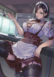 1girl absurdres alternate_costume apron ashtray black_hair black_nails black_thighhighs blowing_smoke blurry blurry_background bow bowtie breasts brown_bow brown_bowtie brown_hair brown_skirt cigarette cleavage clothing_cutout commentary_request detached_collar dress ear_piercing earrings enmaided fingernails frilled_apron frills garter_straps green_eyes highres holding holding_cigarette indoors jewelry kagematsuri large_breasts lipstick long_fingernails looking_at_viewer maid maid_apron maid_headdress makeup mature_female nail_polish original parted_hair parted_lips piercing puffy_sleeves red_lips shirt short_sleeves shoulder_cutout sitting skirt smoke smoking solo spread_legs stool stud_earrings thighhighs thighs twitter_username waist_apron white_apron white_shirt wrist_cuffs yellow_eyes
