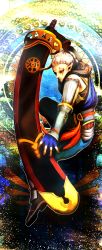 1girl absurdres armor bad_id bad_pixiv_id bracer dark-skinned_female dark_skin facial_tattoo female_focus fingerless_gloves gloves greaves highres huge_weapon hyrule_warriors impa matcho nintendo pointy_ears red_eyes scabbard sheath sheathed shoulder_pads silver_hair solo sword tattoo the_legend_of_zelda weapon