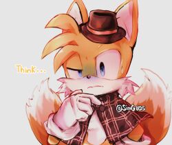 1boy animal_ears animal_nose artist_name blue_eyes blurry body_fur brown_capelet brown_hat capelet closed_mouth depth_of_field english_text fedora fox_boy fox_ears fox_tail furry furry_male gloves grey_background half-closed_eye hand_on_own_chin hand_on_own_hip hand_up hat highres looking_afar male_focus mini_hat multiple_tails plaid_capelet plaid_clothes shapam_(zeepgalae) signature simple_background solo sonic_(series) standing stroking_own_chin sweat tail tails_(sonic) the_murder_of_sonic_the_hedgehog turn_pale twitter_username two-tone_fur two_tails uneven_eyes upper_body white_fur white_gloves yellow_fur