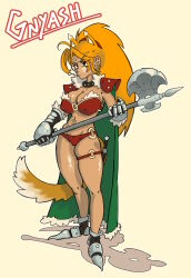 1girl absurdres animal_ears armor axe battle_axe bikini bikini_armor blonde_hair breasts cat_ears cat_tail character_name collar covered_erect_nipples earrings full_body gnyash highres holding holding_axe jewelry large_breasts long_hair original pxlfrug red_bikini shoulder_armor solo swimsuit tail thigh_strap thighs weapon