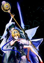 Rule 34 | 2girls, absurdres, astra yao, black gloves, blonde hair, carrying, commentary, earrings, energy sword, evelyn chevalier, gloves, green hair, hand on another&#039;s shoulder, high heels, highres, holding, holding staff, holding sword, holding weapon, jewelry, long hair, multiple girls, princess carry, purple eyes, red shoes, shoes, staff, sword, veil, weapon, zahauku, zenless zone zero