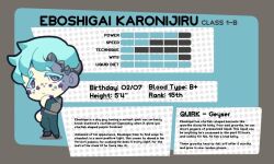 Rule 34 | 1boy, blue hair, boku no hero academia, brown shoes, chibi, collared shirt, commentary, english commentary, english text, green pants, grey jacket, jacket, original, pants, purple eyes, purple star, redringo188, school uniform, shirt, shoes, solo, star (symbol), stats, u.a. school uniform