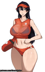 Rule 34 | bambietta basterbine, black hair, bleach, bleach: sennen kessen-hen, blush, breasts, cleavage, dr octojuice, hair between eyes, hat, highres, large breasts, lifeguard, lips, long hair, o-ring, o-ring bottom, quincy (bleach), red hat, see-through clothes, see-through tank top, sternritter, sweatdrop, thick thighs, thighs, visor cap, wet, whistle