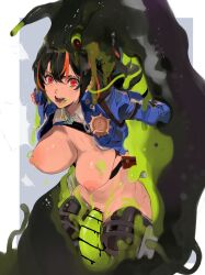 1girl absurdres black_hair blue_jacket breasts hair_between_eyes highres interspecies jacket large_breasts mamimi_(mamamimi) multicolored_hair navel pants penis police police_uniform policewoman ponytail red_eyes red_hair sex slug solo streaked_hair tentacles vaginal zenless_zone_zero zhu_yuan