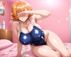 1girl ai-generated blue_eyes blush breasts condom igawa_sakura large_breasts orange_hair short_hair swimsuit taimanin_(series) taimanin_asagi