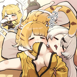 2girls absurdres animal_ear_fluff animal_ears bangboo_(zenless_zone_zero) blonde_hair blush breast_sucking breasts chibi chibi_only chroong dreaming highres ju_fufu large_breasts long_hair multicolored_hair multiple_girls naked_robe no_nose open_clothes open_mouth open_robe pillow robe sleeping tail tiger_ears tiger_girl white_hair yi_xuan_(zenless_zone_zero) yuri zenless_zone_zero zzz