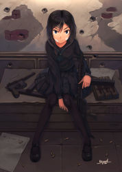 1girl absurdres bad_id bad_pixiv_id bandaged_head bandages bandaid bandaid_on_face black_hair black_pantyhose black_serafuku blue_eyes bullet_hole closed_mouth dark dreadtie female_focus from_above gun handgun highres looking_at_viewer luger_p08 mauser_c96 medium_hair mp-28 original pantyhose pleated_skirt school_uniform serafuku shell_casing shoes signature sitting skirt solo weapon