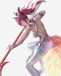 Rule 34 | 1girl, ass, bare back, bare shoulders, black bow, boots, bow, breasts, commentary, from side, gabriel laurence (therigabz), grey background, grin, hair bow, hairband, headgear, highres, holding, holding polearm, holding weapon, long hair, looking at viewer, lupa (wuthering waves), median furrow, medium breasts, metal hairband, pants, pink hair, polearm, scar, scar on back, sideways glance, simple background, smile, solo, sweat, tacet mark (wuthering waves), tail, thigh boots, toned, toned female, weapon, white boots, white pants, wolf tail, wrist guards, wuthering waves, yellow eyes