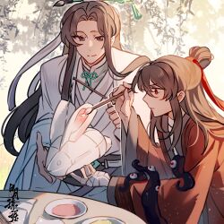 2boys animal_lantern artist_request bandaged_chest bandaged_hand bandages black_eyes black_hair black_hanfu brown_hair chinese_clothes chinese_commentary chinese_text closed_mouth coat commission creature dao_gui_yi_xian eyeball hair_bun hair_ornament hair_ribbon hair_stick half_updo hanfu highres holding holding_lantern holding_paintbrush lantern li_huowang li_sui_(tentacles) long_hair long_sleeves looking_at_another looking_down male_focus multiple_boys needle paint paintbrush paintbrush_hair_ornament painting_(action) paper paper_lantern red_coat red_eyes red_ribbon ribbon robe second-party_source sidelocks single_hair_bun sitting smile table tentacles upper_body white_hanfu white_ribbon wide_sleeves yaoi zhuge_yuan