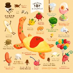 artist_name balloon banana broccoli cat cheese cherry closed_mouth dog egg english_text facial_hair food food_focus fruit hat issiki_toaki ketchup mushroom mustache no_humans omelet omurice original plate sausage simple_background strawberry sugar_cube tomato