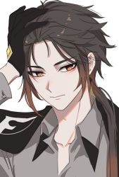 1boy black_gloves black_hair brown_hair closed_mouth collar collarbone collared_shirt earrings genshin_impact gloves hair_slicked_back hand_on_own_head jacket jewelry long_hair long_sleeves looking_at_viewer male_focus multicolored_hair ponytail shirt simple_background single_earring solo sssss2222 white_background yellow_eyes zhongli_(genshin_impact)