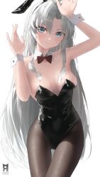 1girl alternate_costume animal_ear_hairband animal_ears artist_logo bare_shoulders black_leotard black_pantyhose blue_eyes bow bowtie breasts carlotta_(wuthering_waves) closed_mouth collar commentary cryne detached_collar fake_animal_ears fingernails hairband highres leotard logo looking_at_viewer medium_breasts pantyhose parted_bangs rabbit_ear_hairband rabbit_ears red_bow red_bowtie smile solo strapless strapless_leotard white_collar white_wrist_cuffs wrist_cuffs wuthering_waves