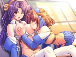 2girls all_fours bare_shoulders belt black_thighhighs blush breast_sucking breasts brown_hair character_request closed_eyes detached_sleeves game_cg grabbing_another&#039;s_breast groping gunner-l hair_ribbon hairband large_breasts long_hair multiple_girls nagakura_mato nipples no_bra non-web_source open_clothes open_mouth open_shirt oppai_baka plaid pleated_skirt purple_hair ribbon school_uniform shirt short_hair sitting skirt sunset thighhighs tomose_nonomi white_thighhighs yellow_eyes yuri zettai_ryouiki