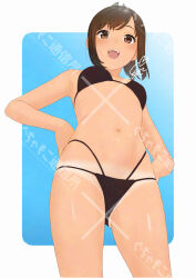 1girl :d bikini bikini_tan black_bikini blue_background blush border breasts brown_eyes brown_hair circle_name commentary_request cowboy_shot english_text from_below gluteal_fold gradient_hair hands_on_own_hips i-401_(kancolle) kantai_collection medium_breasts mixed-language_text multicolored_hair navel open_mouth outside_border ponytail rounded_corners sakiecho sidelocks small_breasts smile solo standing stomach string_bikini swept_bangs swimsuit tan tanline teeth thighs upper_teeth_only watermark white_border