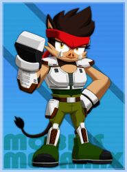 1girl animal_ears arm_up armor armored_gloves belt boar boar_tail boots brown_fur english_text fighting_vipers furrification furry green_pants hand_on_own_hip headband jane_(fighting_vipers) joeadok pants pig_nose sega simple_background smile solo sonic_(series) tusks yellow_eyes