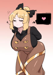1girl :&lt; absurdres arms_behind_back black_bow black_eyes black_shirt blonde_hair blush bow breasts brown_dress closed_eyes closed_mouth collared_shirt colored_sclera commentary_request dress extra_eyes feet_out_of_frame glaring gradient_background hair_bow hair_bun heart highres kurodani_yamame large_breasts long_dress long_sleeves looking_at_viewer pinafore_dress pink_background rinyamame shirt short_hair single_hair_bun sleeveless sleeveless_dress solo spoken_heart touhou yellow_sclera