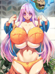 1girl :&lt; bare_shoulders blue_fire blue_shirt blush bow bow_panties bra breasts clothes_pull collarbone cowboy_shot fire groin hata_no_kokoro highres holding holding_bra holding_underwear holding_unworn_clothes huge_breasts indoors leaf leaf_print light_particles linea_alba long_hair long_sleeves looking_at_viewer mask open_mouth orange_bra orange_panties panties pink_eyes pink_hair pink_skirt pixiv_id pixiv_username plaid_clothes plaid_shirt plant shiny_skin shirt signature skirt skirt_pull solo standing stomach sweat thigh_gap touhou twitter_username umigarasu_(kitsune1963) underboob underwear unworn_bra very_long_hair