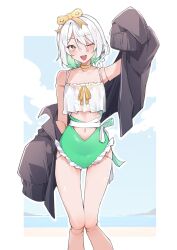 1girl airenif arm_up beach black_jacket blush border braid cecilia_immergreen cecilia_immergreen_(holonatsu_paradise) choker cloud colored_inner_hair commentary doll_joints eyelashes frilled_one-piece_swimsuit frills green_eyes green_hair green_one-piece_swimsuit hashtag-only_commentary highres hololive hololive_english jacket jacket_partially_removed joints multicolored_hair multicolored_swimsuit navel official_alternate_costume one-piece_swimsuit one_eye_closed open_mouth ribbon see-through_clothes shirt short_hair single_braid sleeves_past_fingers sleeves_past_wrists smile solo stomach swimsuit two-tone_hair virtual_youtuber white_border white_hair white_one-piece_swimsuit white_shirt winding_key