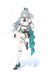 Rule 34 | 1girl, absurdres, alternate costume, armband, black armband, black gloves, bow, bow legwear, closed mouth, fu hua, full body, gloves, green bow, grey background, hair over one eye, half gloves, highres, honkai (series), honkai impact 3rd, jewelry, kneehighs, long hair, looking at viewer, midriff, necklace, pmg, shadow, shoes, simple background, single bare shoulder, single glove, smile, socks, solo, standing, standing on one leg, thigh strap, white socks