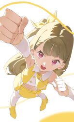 Rule 34 | 1girl, :d, absurdres, armpits, bare shoulders, boots, brown hair, clenched hands, collared shirt, commentary, crop top, full body, highres, kachimachi kosuzu, link! like! love live!, long hair, love live!, midriff, miniskirt, navel, official alternate costume, one side up, open mouth, pantyhose, pink eyes, pleated skirt, proof (love live!), raised fist, ribbon, shirt, skirt, sleeveless, sleeveless shirt, smile, solo, sunkeun, v-shaped eyebrows, white pantyhose, yellow boots, yellow ribbon, yellow shirt, yellow skirt