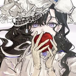 1girl apple black_hair covered_mouth covering_own_mouth dress food fruit gloves hands_up holding holding_food holding_fruit isolde_(reverse:1999) long_hair looking_at_viewer portrait purple_eyes rang_wo_zai_shui_10_fenzhong reverse:1999 solo veil white_background white_dress white_gloves white_veil