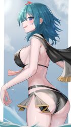 1girl ass bikini black_bikini black_cape blue_eyes blue_hair breasts cape female_byleth_(fire_emblem) female_byleth_(summer)_(fire_emblem) fire_emblem fire_emblem:_three_houses fire_emblem_heroes flower hair_flower hair_ornament hibiscus highres large_breasts long_hair looking_at_viewer nintendo official_alternate_costume open_mouth red_flower sideboob smile solo swimsuit tarutaru193 water