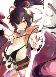 Rule 34 | 1girl, arrow (projectile), black hair, bow (weapon), breasts, brown eyes, cleavage, expressionless, fingernails, hair ribbon, highres, large breasts, long hair, looking at viewer, ponytail, rance (series), ribbon, sengoku rance, simple background, solo, tsutsugano, weapon, white background, yamamoto isoroku (rance)
