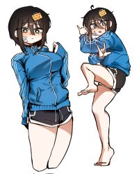 1girl \m/ ahoge bandaid bandaid_on_cheek bandaid_on_face barefoot black_hair black_shorts blue_jacket character_request copyright_request corrupted_twitter_file double_\m/ gaga_onon green_eyes highres jacket looking_at_viewer multiple_views open_mouth short_hair short_shorts shorts sidelocks simple_background standing standing_on_one_leg sticker sticker_on_hair track_jacket white_background