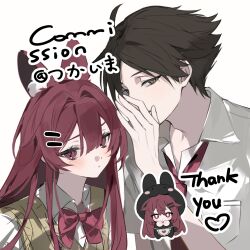 1boy 1girl ahoge animal_ears black_hair blush bow bowtie chibi collared_shirt english_text green_eyes hair_between_eyes hair_ornament hairclip highres long_hair looking_at_viewer male_focus minirai0707 mole mole_under_eye necktie original rabbit_ears red_bow red_bowtie red_eyes red_hair red_necktie school_uniform shirt short_hair short_sleeves sweater_vest upper_body watermark white_background white_shirt