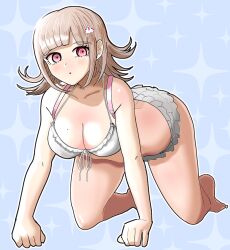 1girl all_fours bad_tag bare_arms barefoot bikini blush breasts brown_hair collarbone danganronpa_(series) danganronpa_2:_goodbye_despair flipped_hair grey_bikini large_breasts mole mole_on_breast nanami_chiaki pink_eyes samebousii shiny_skin solo swimsuit