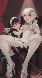 1boy 1girl animegao black_hair bodysuit breast_cutout catheter chastity_cage collar cosplay high_heels highres key kigurumi kneeling latex latex_bodysuit lock maid maid_headdress nipple_piercing nonkazumi on_chair original piercing ponytail sidelocks sitting small_chastity_cage thigh_strap trap white_hair
