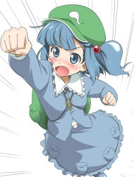 1girl bag blue_hair blush female_focus hair_bobbles hair_ornament hat kawashiro_nitori punching skirt solo tears touhou two_side_up youkan