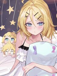 1girl adolescence_(vocaloid) kagamine_rin_(adolescent_princess) ahoge aqua_eyes blonde_hair blue_eyes blush camisole collarbone commentary dress elpuchi frilled_camisole frills hair_ornament hairclip hairpin highres holding holding_pillow kagamine_len kagamine_rin on_bed pillow puckered_lips purple_background short_hair sitting sleeveless sleeveless_dress solo spaghetti_strap star_(symbol) stuffed_toy t_t vocaloid white_camisole x_hair_ornament
