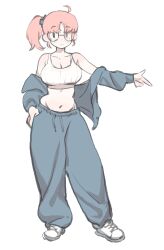 1girl absurdres ahoge blush breasts cleavage colo_(nagrolaz) freckles full_body glasses highres jacket large_breasts looking_at_viewer medium_hair military_vehicle motor_vehicle navel no_pupils off_shoulder open_clothes open_jacket orange_hair pants plump rita_(sweethex) shoes side_ponytail sneakers solo sweethex tank